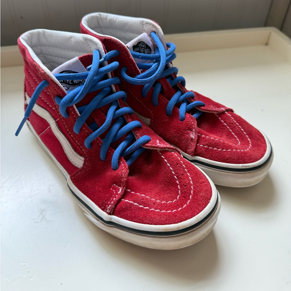 Vans Kids Sk8 High Red Sneakers with Blue Laces